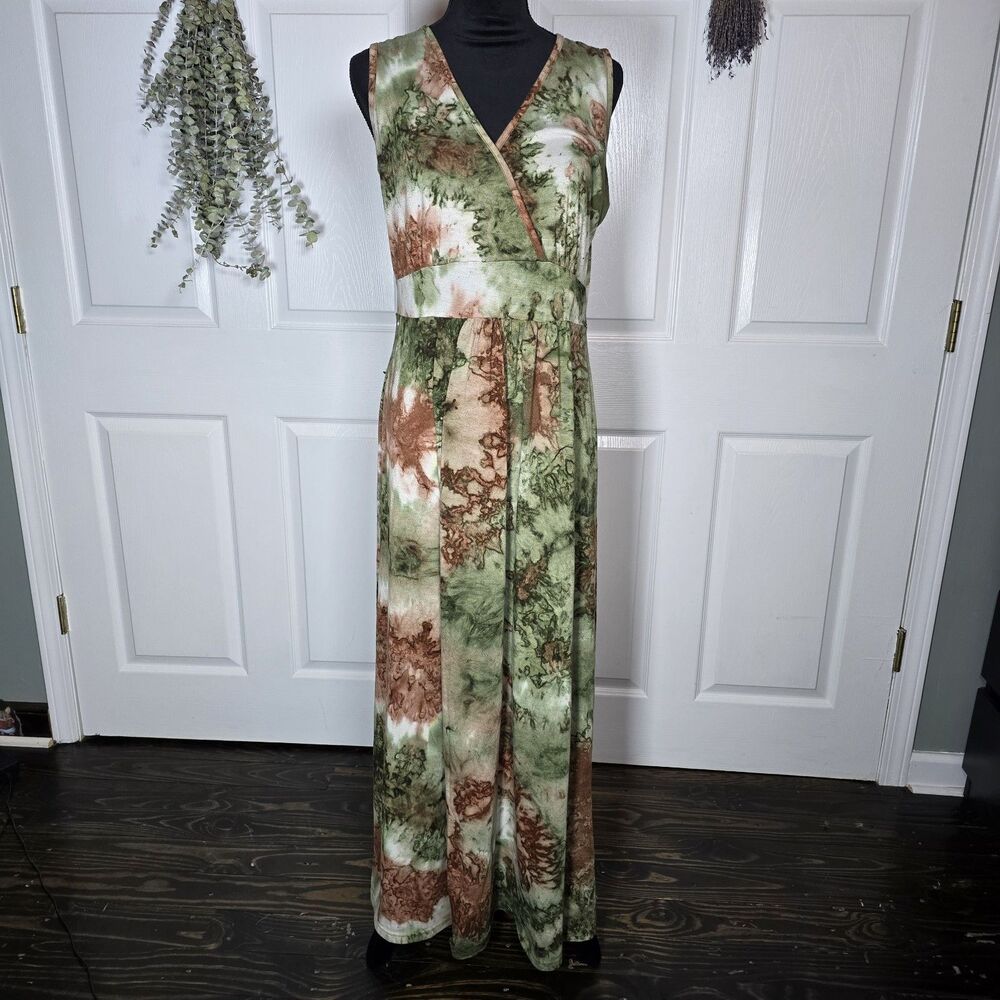 Woosea Green And Brown Maxi Dress XL V-neckline Cottage Bohemian Earthy